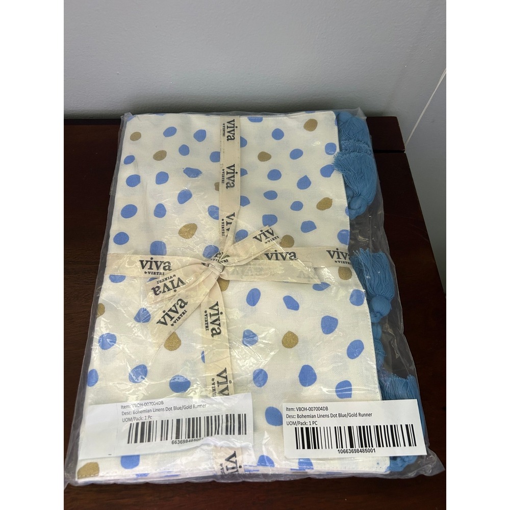 Viva by Vietri Bohemian Linens Table Runner Dot Blue Gold Tassels VBOH-007004DB
